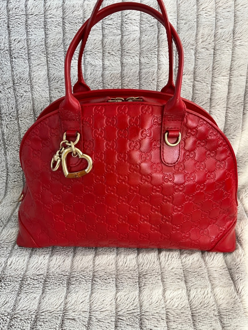 Gucci Red Embossed GG Dome Satchel with Gold Heart Charm